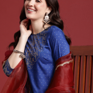 Anouk Festive Round Neck Printed Blue Kurti Set for Women
