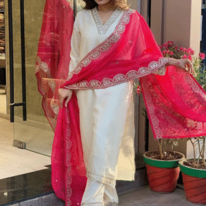 Kalini Festive V Neck Embroidered Cream Kurti Set for Women