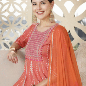 Stylum Festive Round Neck Embroidered Coral Pink Kurti Set for Women