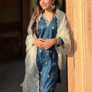 Vrede Vogel Festive V Neck Embroidered Blue Kurti Set for Women