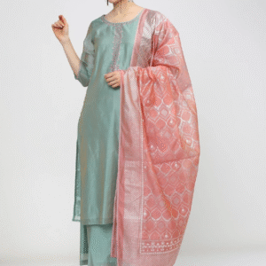 Vishudh Wedding Round Neck Embroidered Green Kurti Set for Women