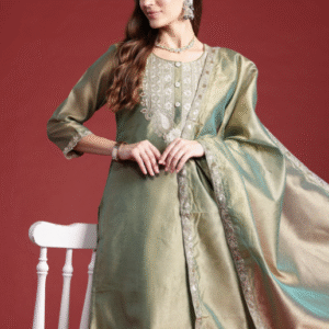 Indo Era Wedding Round Neck Green Kurti Set for Women
