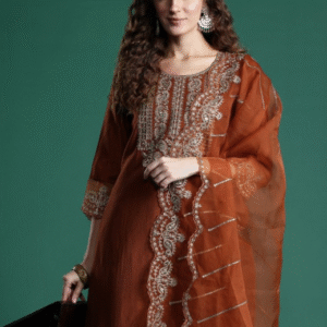 Indo Era Wedding Round Neck Embroidered Rust Kurti Set for Women