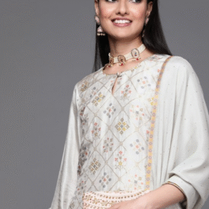 Libas Wedding Round Neck Embroidered Grey Kurti Set for Women