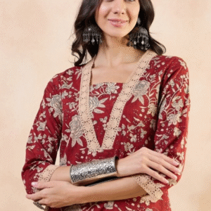 Doongari Wala Casual V Neck Floral Rust Kurti Set for Women
