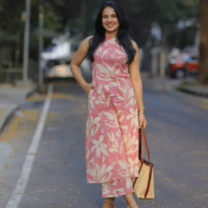 Go Sriki Casual Halter Neck Floral Pink Kurti Set for Women