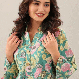 Lookmark Casual Mandarin Collar Floral Green Kurti Set for Women