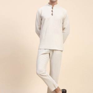 Moda Rapido Casual Mandarin Collar Solid Off White Kurta Set for Men