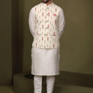 Kisah Festive Mandarin Collar Solid White Kurta Set for Men