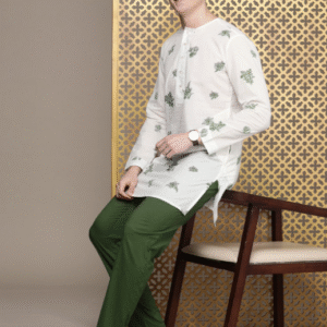 House of Pataudi Festive Band Collar Floral White + Green Kurta Set for Men