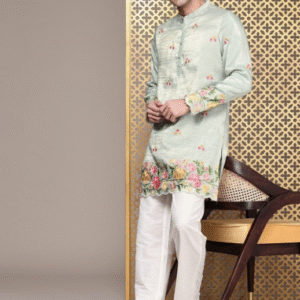 House of Pataudi Festive Mandarin Collar Embroidered Green Kurta Set for Men