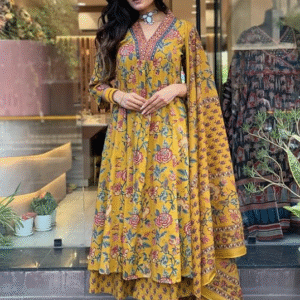 GoSriki Fusion V-Neck Floral Yellow Kurti Set for Women