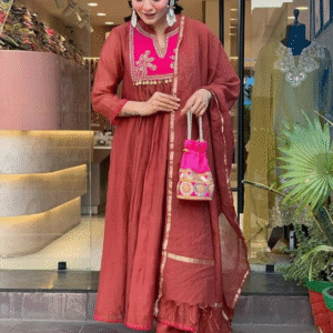 GoSriki Fusion Round Neck Embroidered Rust Kurti Set for Women