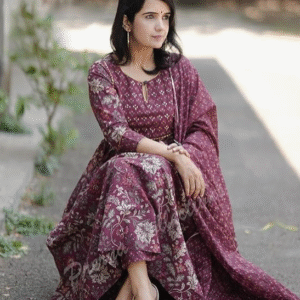 Alvami Fusion Round Neck Floral Maroon Kurti Set for Women