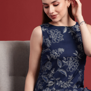 Anouk Casual Boat Neck Printed Navy Blue Kurti Set for Women