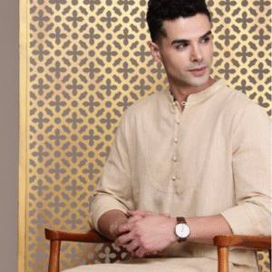 House of Pataudi Festive Mandarin Collar Woven Design Beige Kurta Set for Men