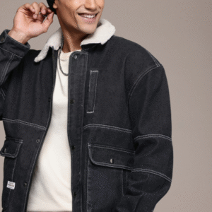 Wrogn Casual Spread Collar Solid Black Denim Jacket for Men