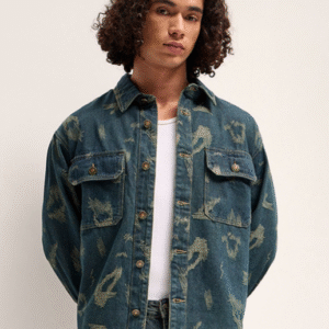 THE BEAR HOUSE Casual Spread Collar Abstract Blue Denim Jacket for Men