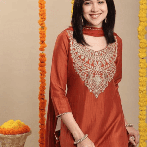 GoSriki Embroidered Mustard Kurta and Pant with Dupatta Set For Women