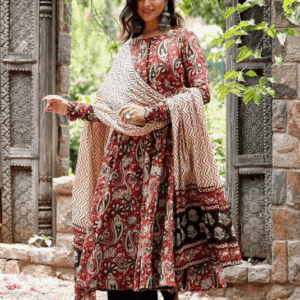 Nermosa Printed Anarkali Kurta and Pant Set with Dupatta For Women