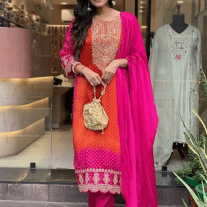 GoSriKi Rayon Blend Straight Embroidered Kurta with Pant & Dupatta For Women