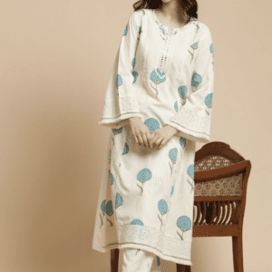 Anouk Printed Notch Neck Schiffli Work Cotton A-Line Kurta Set For Women