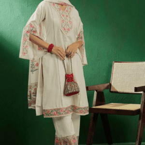 Sangria Floral Embroidered Pure Cotton Kurta With Palazzo & Dupatta For Women