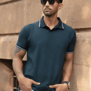 Powerlook SS25 Textured Contrast Polo Collar T-Shirt For Men