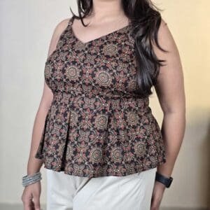 Nayo Ethic Motifs Printed Shoulder Straps Cotton Peplum Kurti For Women