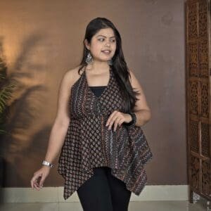 KALAMIR Casual Halter Neck Cotton Floral & Geometric Black Peplum Kurti for Women