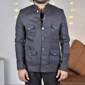 Vastramay Ethinic Mandarin Collar Solid Black Blazers for Men