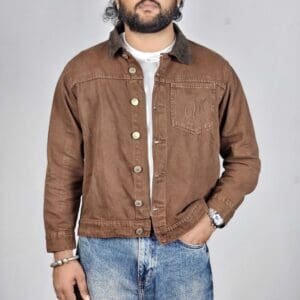 Mast & Harbour Casual Spread Collar Solid Brown Denim Jacket for Men