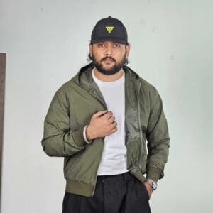 Glitchez Casual Hood Solid Olive Green Bomber Jacket for Men