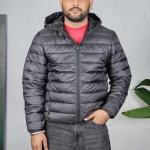 H&M Casual Hood Solid Black Puffer Jacket for Men