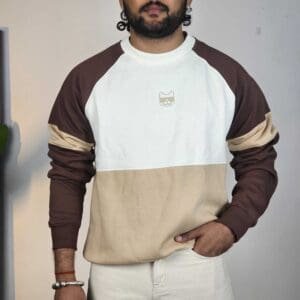 Glitchez Round Neck Colourblocked White, Beige and Brown Sweatshirt for Men