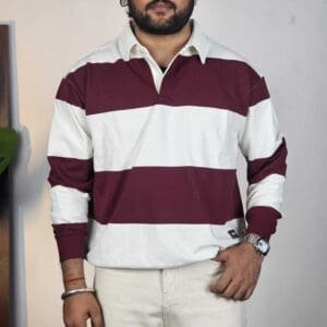 Glitchez Polo Collar Colourblocked Off White and Maroon Sweatshirt for Men