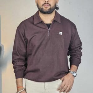 Glitchez Polo Collar Patchwork Dark Brown Sweatshirt for Men