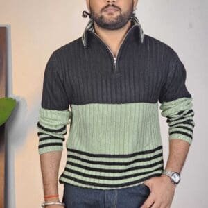 Glitchez Mock Neck Colourblocked Green and Black Pullover for Men