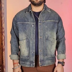 Snitch Casual Spread Collar Solid Blue Denim Jacket for Men