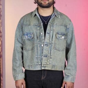 H&M Casual Spread Collar Solid Blue Denim Jacket for Men