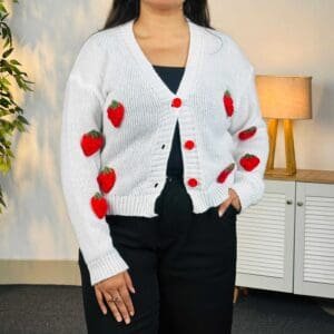 Dressberry Casual V Neck Wollen Off White & Red Cardigan for Women