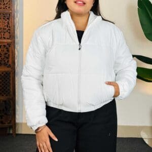 Kotty Casual High Neck Nylon Solid White Puffer Jacket for Women