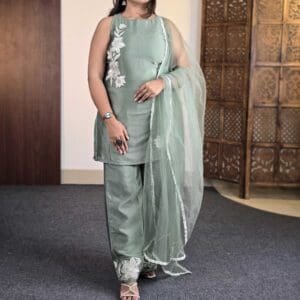 Inddus Floral Embroidered Sequinned Kurta With Palazzos & Dupatta For Women