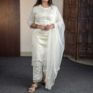 House of Pataudi Embroidered Detail Kurta & Trousers with Net Dupatta For Women