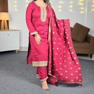 Libas Embroidered Silk Blend Straight Kurta With Trousers & Dupatta For Women