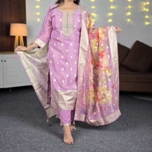 Libas Woven Design Silk Blend Straight Kurta With Palazzos & Dupatta For Women