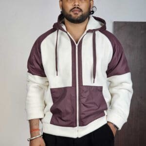 The Souled Store Hooded Neck Colourblocked Off White & Brown Hoodie for Men