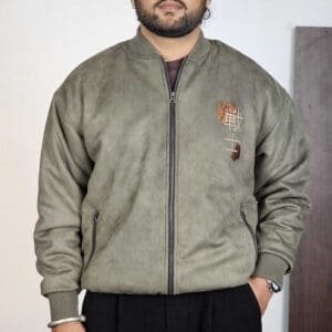 The Souled Store Casual Mock Collar Embroidered Olive Bomber Jacket for Men