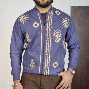 The Souled Store Casual Mandarin Collar Embroidered Blue Bomber Jacket for Men