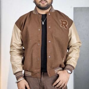 Roadster Casual Mock Collar Embroidered Brown Varsity Jacket for Men